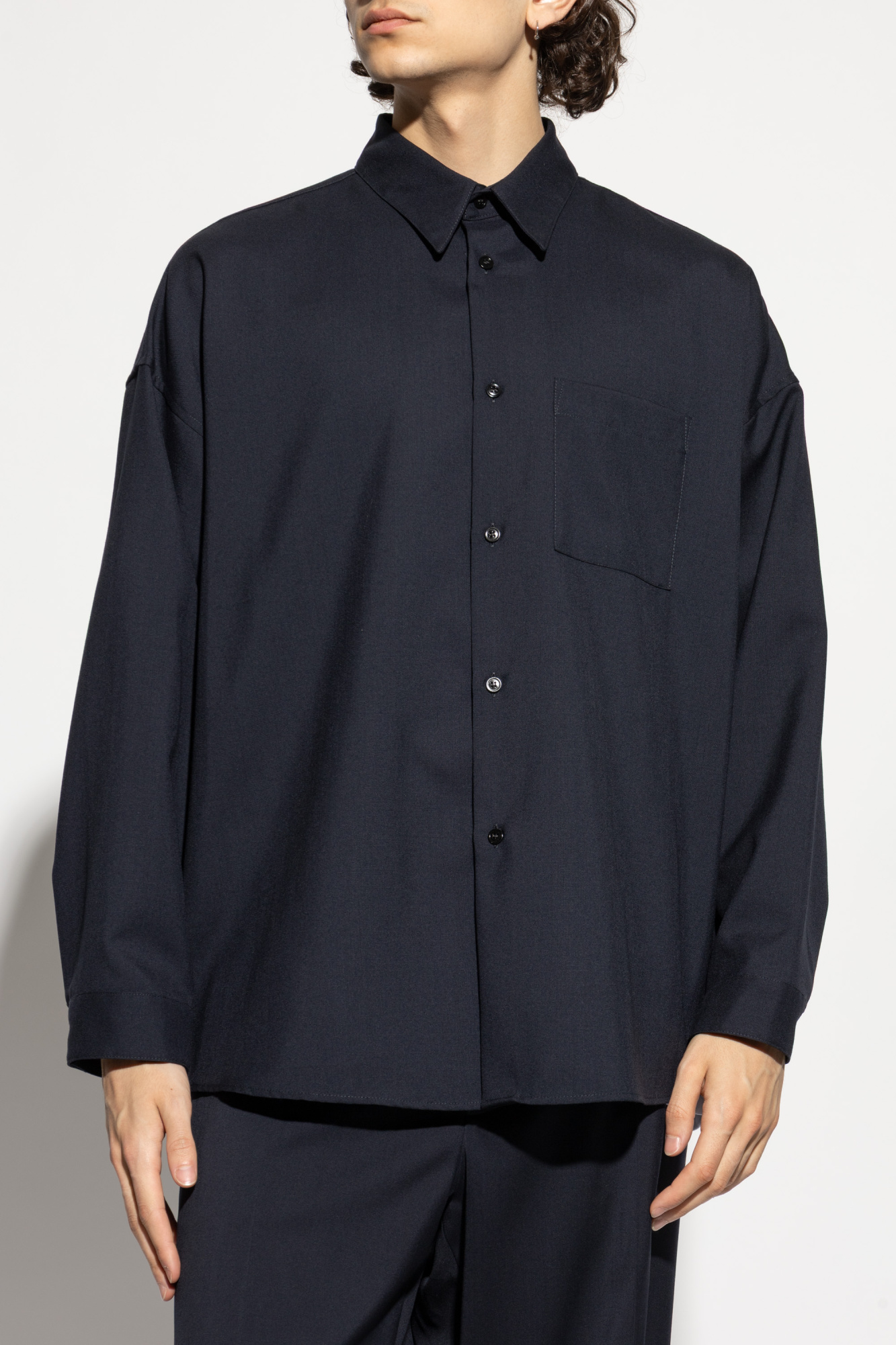 MARNI STITCHING BACK WOOLシャツ Blue tropical wool shirt with contrast back | Marni